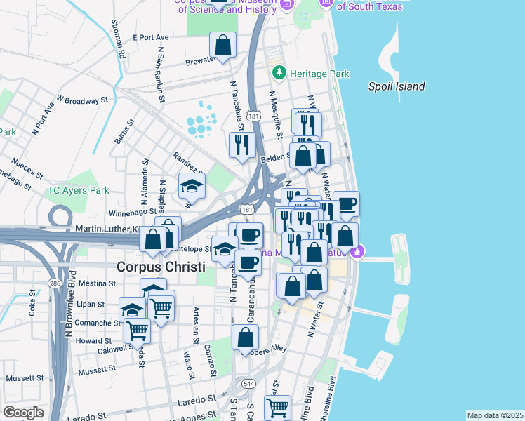 map of restaurants, bars, coffee shops, grocery stores, and more near 901 North Upper Broadway in Corpus Christi