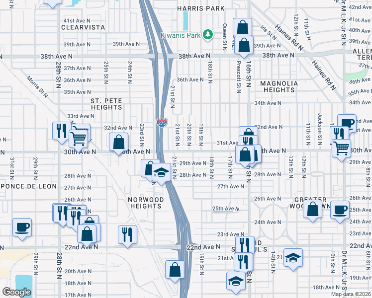 map of restaurants, bars, coffee shops, grocery stores, and more near 2015 30th Avenue North in St. Petersburg