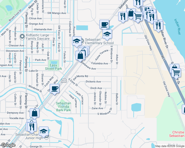 map of restaurants, bars, coffee shops, grocery stores, and more near 222 Del Monte Road in Sebastian