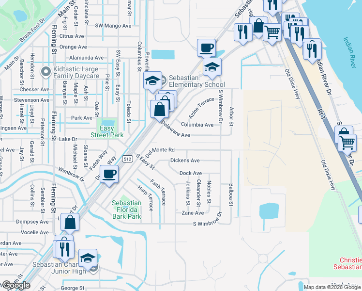 map of restaurants, bars, coffee shops, grocery stores, and more near 222 Del Monte Road in Sebastian
