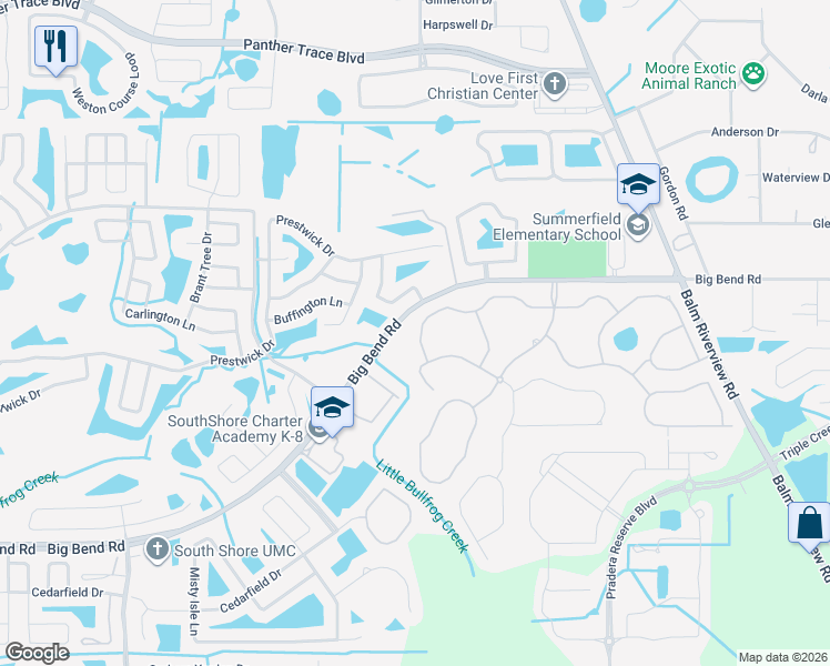 map of restaurants, bars, coffee shops, grocery stores, and more near 11814 Frost Aster Drive in Riverview