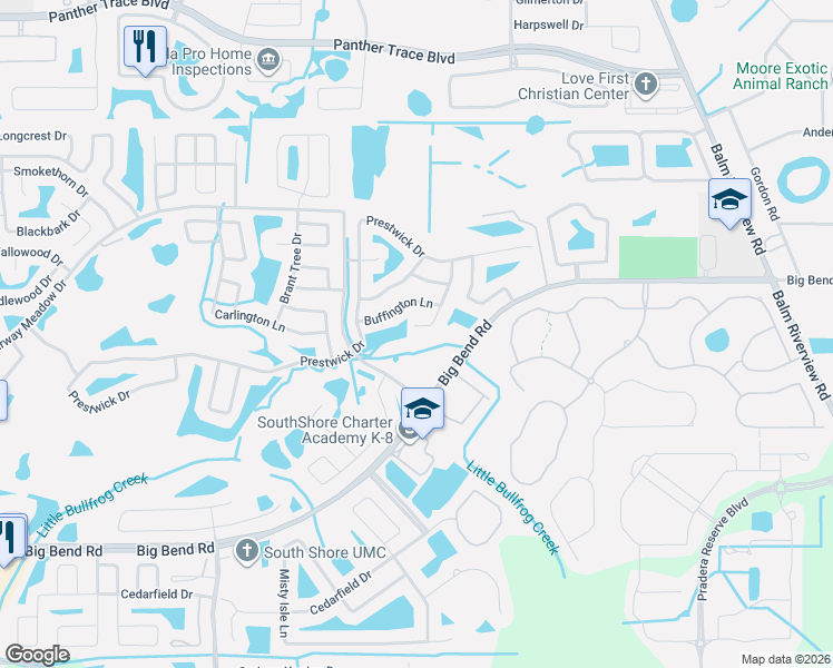 map of restaurants, bars, coffee shops, grocery stores, and more near 13203 Prestwick Creek Drive in Riverview