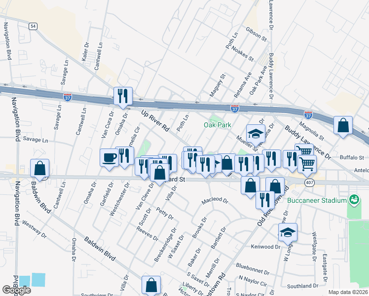 map of restaurants, bars, coffee shops, grocery stores, and more near 4109 Up River Road in Corpus Christi