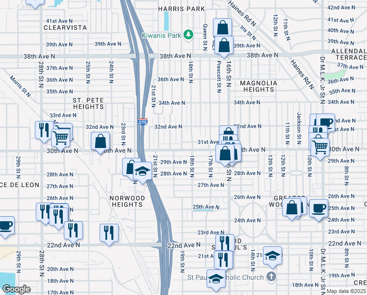 map of restaurants, bars, coffee shops, grocery stores, and more near 1839 30th Avenue North in St. Petersburg