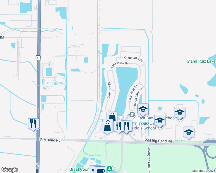 map of restaurants, bars, coffee shops, grocery stores, and more near 12939 Bridleford Drive in Gibsonton