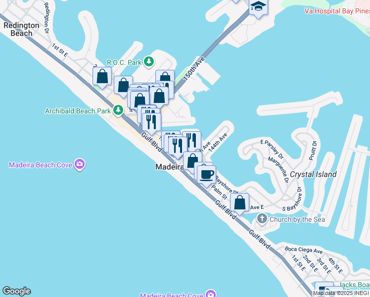 map of restaurants, bars, coffee shops, grocery stores, and more near 140 147th Avenue in Madeira Beach