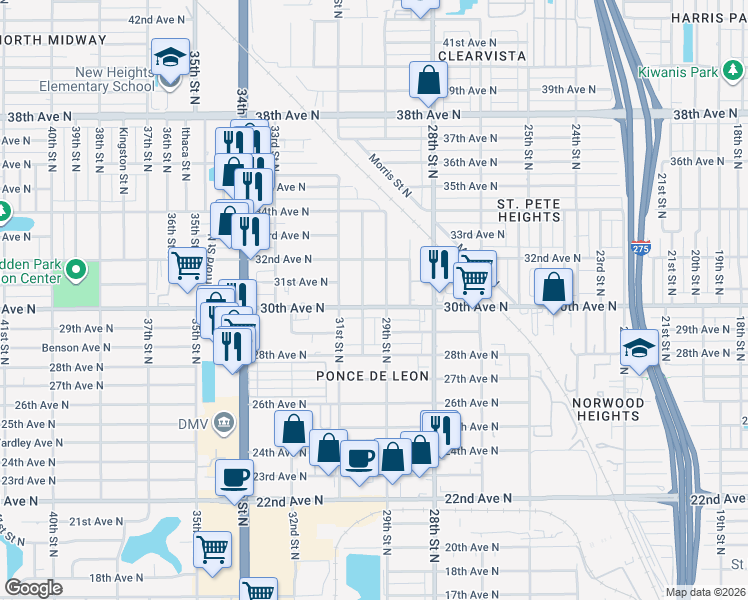 map of restaurants, bars, coffee shops, grocery stores, and more near 2909 30th Avenue North in St. Petersburg