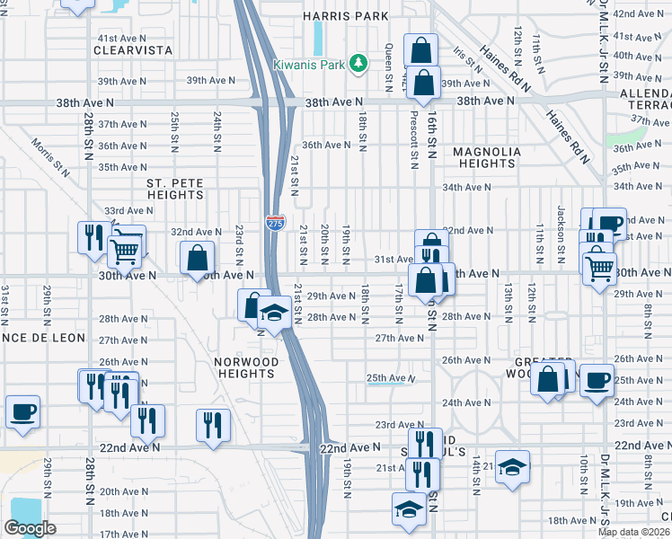 map of restaurants, bars, coffee shops, grocery stores, and more near 1839 30th Avenue North in St. Petersburg