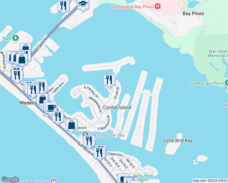 map of restaurants, bars, coffee shops, grocery stores, and more near 725 Sunset Cove in Madeira Beach