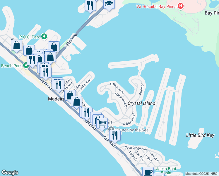 map of restaurants, bars, coffee shops, grocery stores, and more near 14176 West Parsley Drive in Madeira Beach