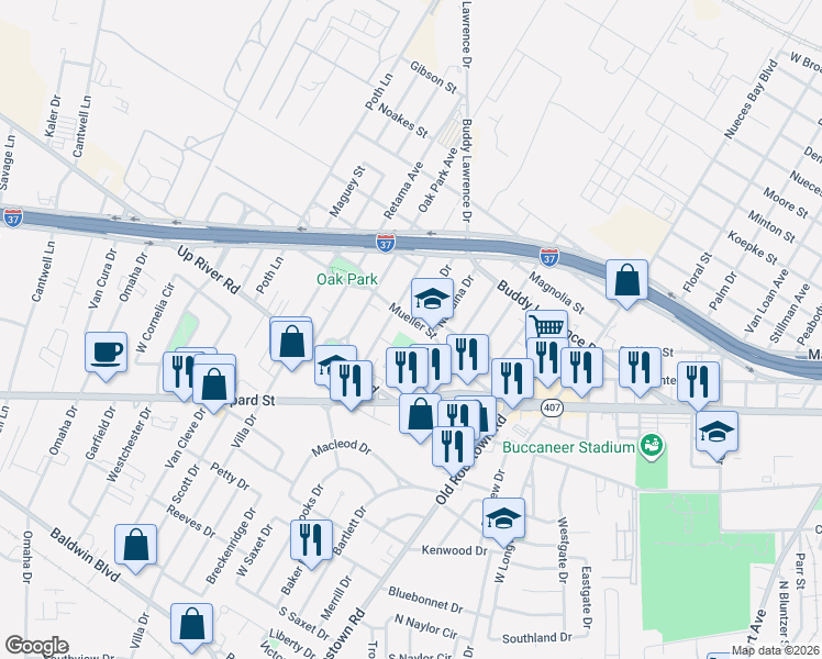 map of restaurants, bars, coffee shops, grocery stores, and more near 901 Nandina Drive in Corpus Christi