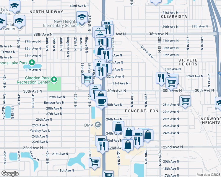 map of restaurants, bars, coffee shops, grocery stores, and more near 3311 30th Avenue North in St. Petersburg