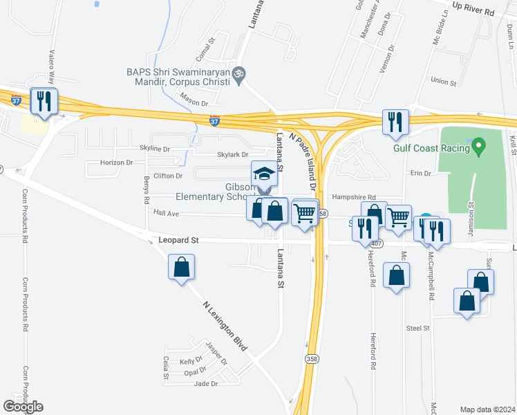 map of restaurants, bars, coffee shops, grocery stores, and more near 5723 Hampshire Road in Corpus Christi
