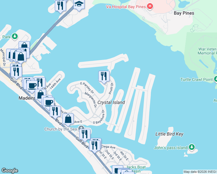 map of restaurants, bars, coffee shops, grocery stores, and more near 725 Sunset Cove in Madeira Beach
