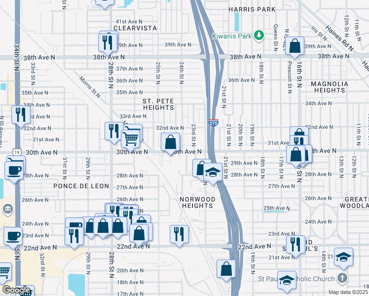 map of restaurants, bars, coffee shops, grocery stores, and more near 3005 24th St N in St Petersburg