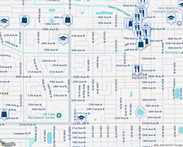 map of restaurants, bars, coffee shops, grocery stores, and more near 3044 55th Street North in St. Petersburg