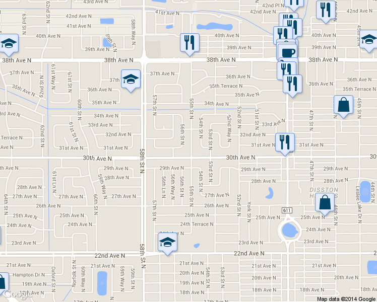 map of restaurants, bars, coffee shops, grocery stores, and more near 3044 55th Street North in St. Petersburg
