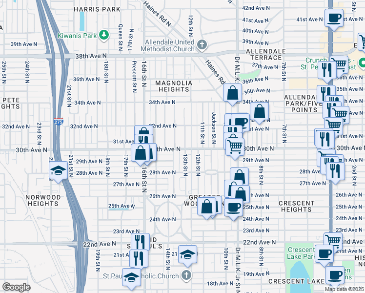 map of restaurants, bars, coffee shops, grocery stores, and more near 3006 13th Street North in St. Petersburg