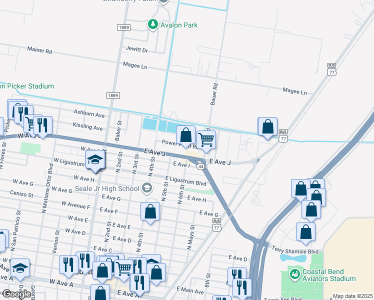 map of restaurants, bars, coffee shops, grocery stores, and more near 509 East Avenue J in Robstown