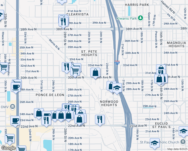 map of restaurants, bars, coffee shops, grocery stores, and more near 2461 30th Avenue North in Saint Petersburg