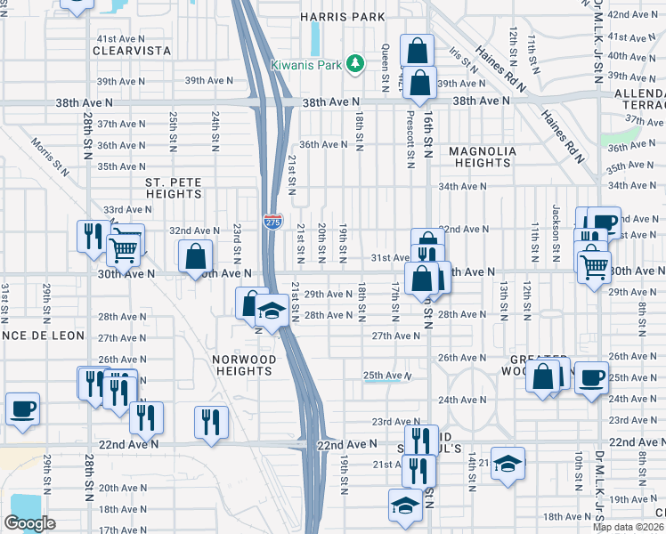 map of restaurants, bars, coffee shops, grocery stores, and more near 1839 30th Avenue North in St. Petersburg