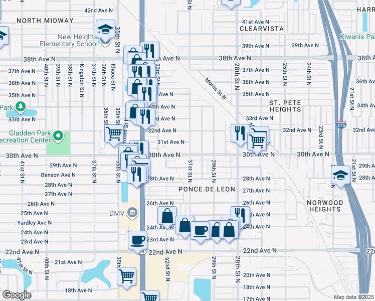 map of restaurants, bars, coffee shops, grocery stores, and more near 3010 31st Street North in St. Petersburg