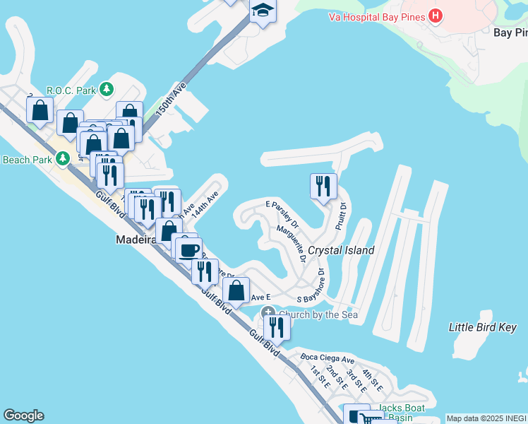 map of restaurants, bars, coffee shops, grocery stores, and more near 14176 West Parsley Drive in Madeira Beach