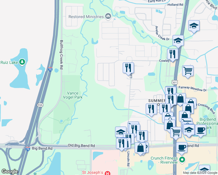 map of restaurants, bars, coffee shops, grocery stores, and more near 12948 Tribute Drive in Riverview