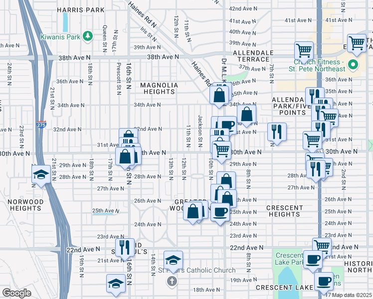 map of restaurants, bars, coffee shops, grocery stores, and more near 1101 30th Avenue North in St. Petersburg