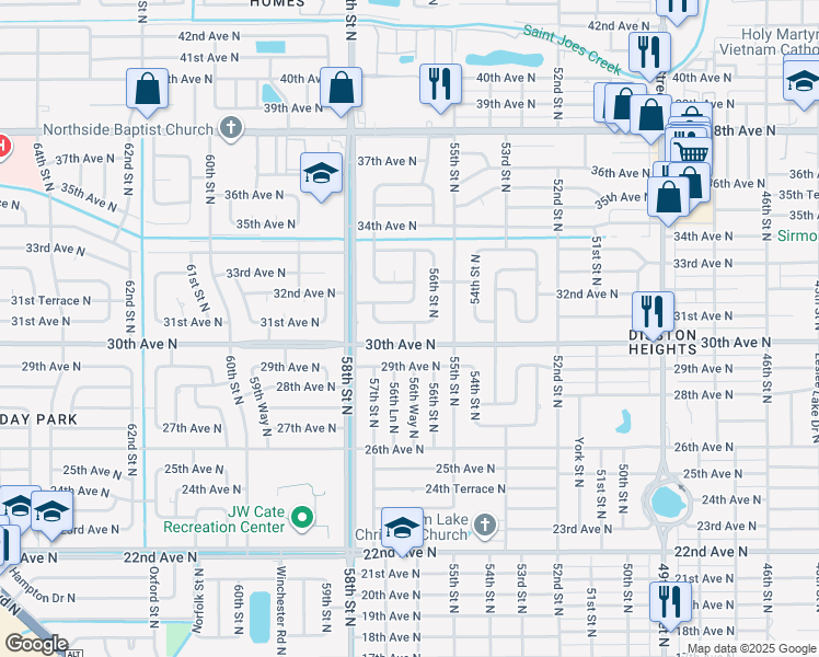 map of restaurants, bars, coffee shops, grocery stores, and more near 3090 56th Street North in St. Petersburg