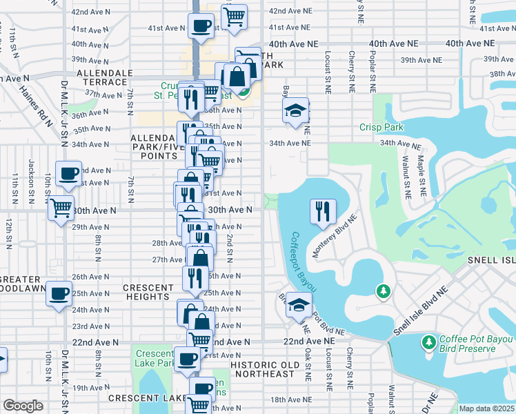 map of restaurants, bars, coffee shops, grocery stores, and more near 119 30th Avenue North in St. Petersburg