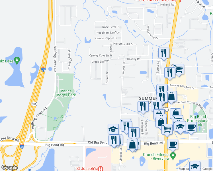 map of restaurants, bars, coffee shops, grocery stores, and more near 12948 Tribute Drive in Riverview