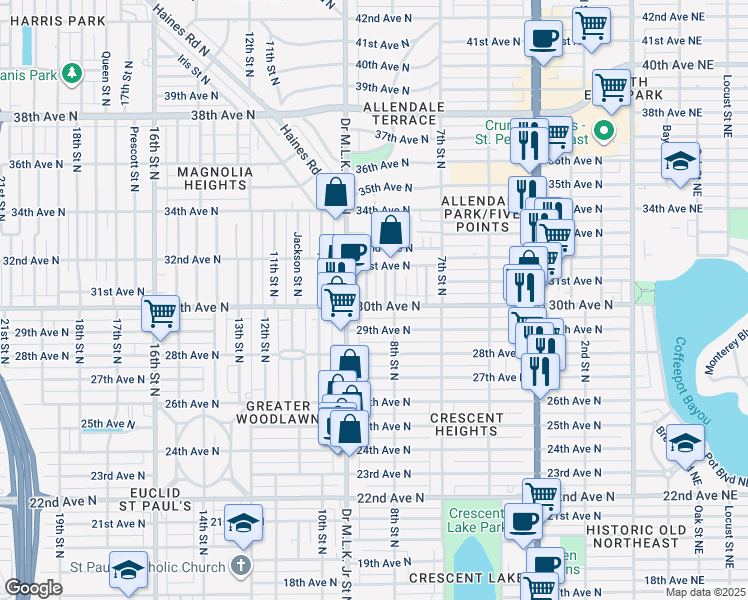 map of restaurants, bars, coffee shops, grocery stores, and more near 831 30th Avenue North in St. Petersburg