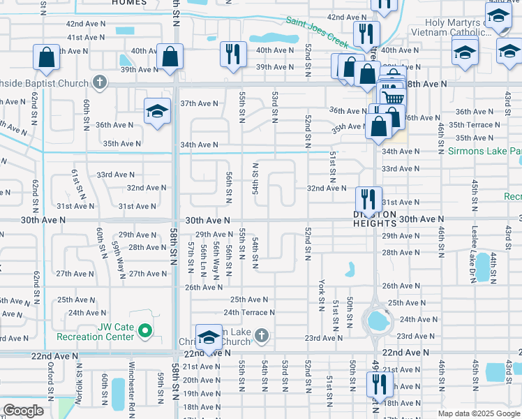 map of restaurants, bars, coffee shops, grocery stores, and more near 5330 31st Avenue North in St. Petersburg