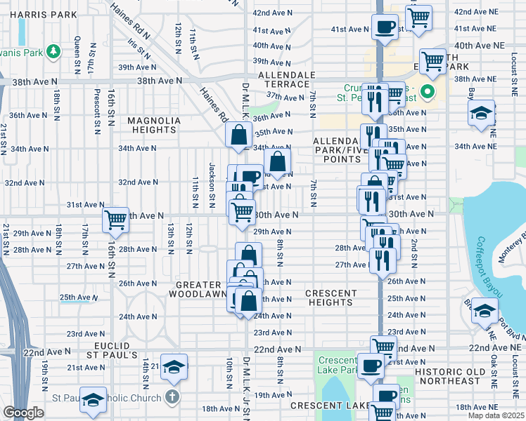 map of restaurants, bars, coffee shops, grocery stores, and more near 831 30th Avenue North in St. Petersburg