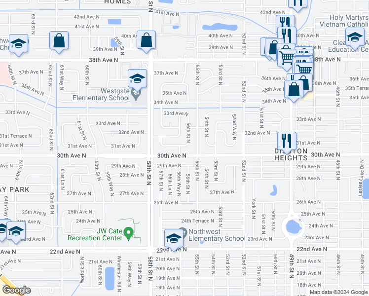 map of restaurants, bars, coffee shops, grocery stores, and more near 5612 31st Avenue North in St. Petersburg