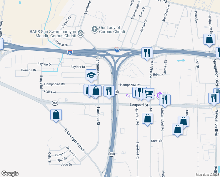 map of restaurants, bars, coffee shops, grocery stores, and more near 2117 North Padre Island Drive in Corpus Christi