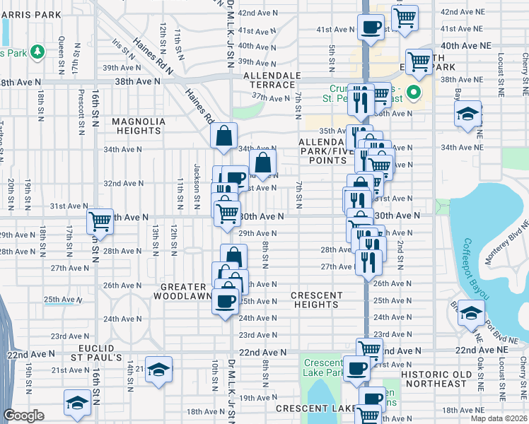 map of restaurants, bars, coffee shops, grocery stores, and more near 741 30th Avenue North in St. Petersburg