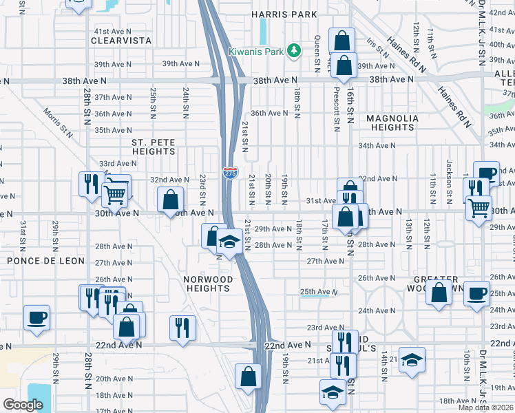 map of restaurants, bars, coffee shops, grocery stores, and more near 2015 30th Avenue North in St. Petersburg