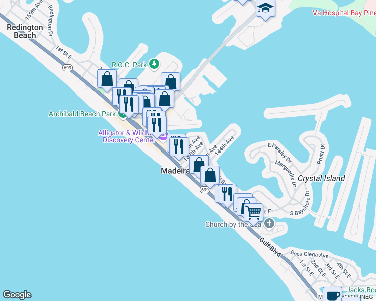 map of restaurants, bars, coffee shops, grocery stores, and more near 140 147th Avenue in Madeira Beach