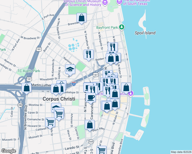 map of restaurants, bars, coffee shops, grocery stores, and more near 901 North Upper Broadway in Corpus Christi