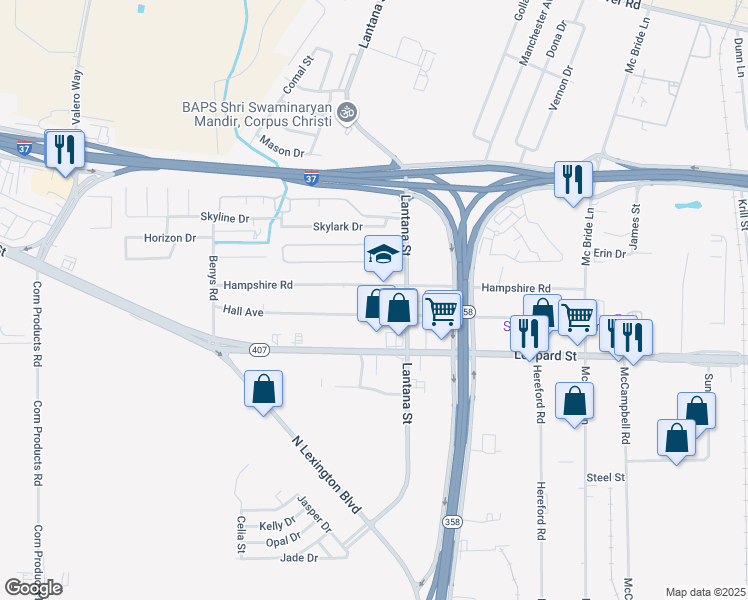 map of restaurants, bars, coffee shops, grocery stores, and more near 5723 Hampshire Road in Corpus Christi