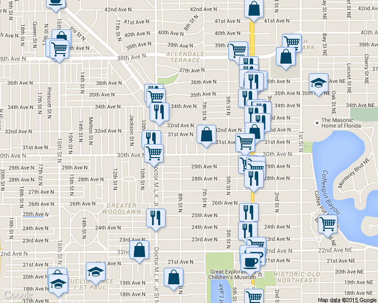 map of restaurants, bars, coffee shops, grocery stores, and more near 741 30th Avenue North in St. Petersburg