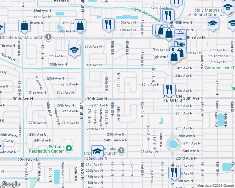map of restaurants, bars, coffee shops, grocery stores, and more near 5330 31st Avenue North in St. Petersburg