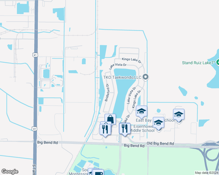 map of restaurants, bars, coffee shops, grocery stores, and more near 12938 Bridleford Drive in Gibsonton