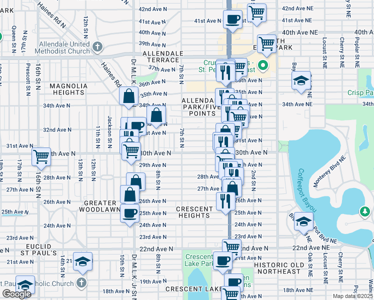 map of restaurants, bars, coffee shops, grocery stores, and more near 685 30th Avenue North in St. Petersburg