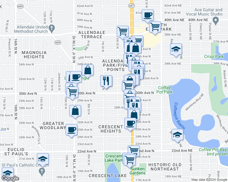 map of restaurants, bars, coffee shops, grocery stores, and more near 529 30th Avenue North in Saint Petersburg