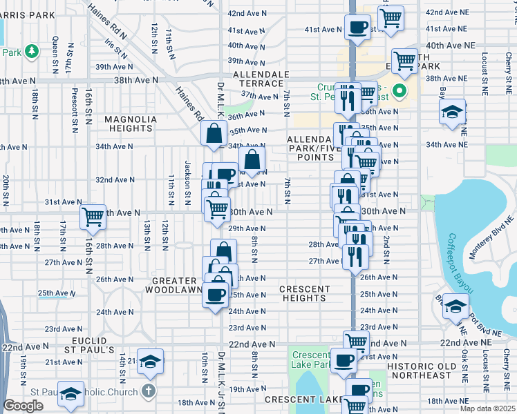 map of restaurants, bars, coffee shops, grocery stores, and more near 777 30th Avenue North in Saint Petersburg