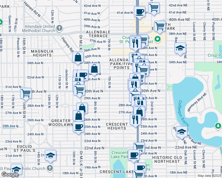 map of restaurants, bars, coffee shops, grocery stores, and more near 685 30th Avenue North in St. Petersburg