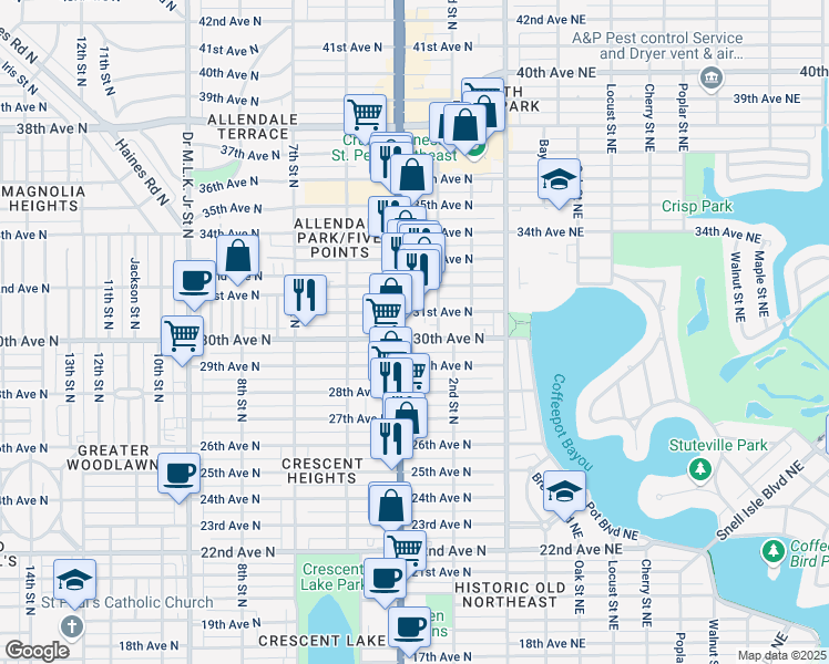 map of restaurants, bars, coffee shops, grocery stores, and more near 345 30th Avenue North in St. Petersburg